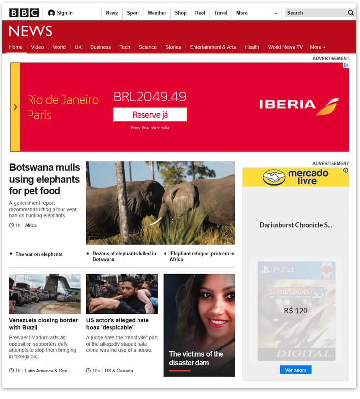 BBC News home page with adverts